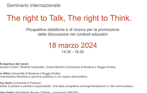 Seminario internazionale The right to Talk, The right to Think. Prospettive didattiche e di ricerca per la promozione della discussione nei contesti educativi